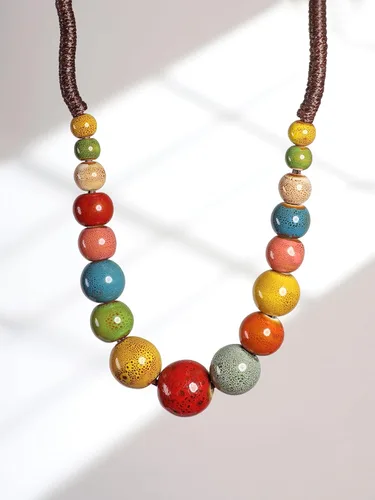 Vista 2 de MINACHI Hippie Boho - Collar de cuentas redondas de cerámica colorida, estilo bohemio, regalo de joyería para mujer