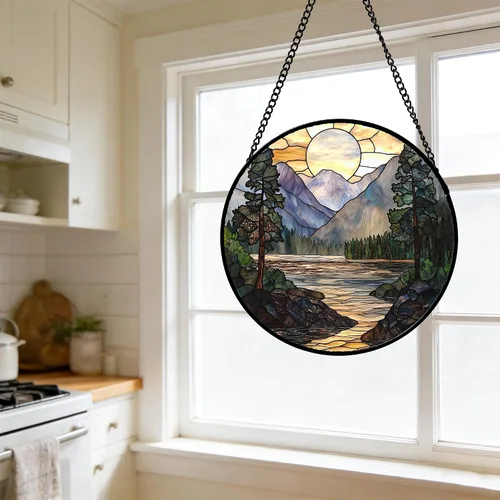 Vista 5 de Colgador de vidrieras para colgar, atardecer montañas, lago, árbol, atrapasoles para ventana, decoración del hogar, paisaje, día de la madre