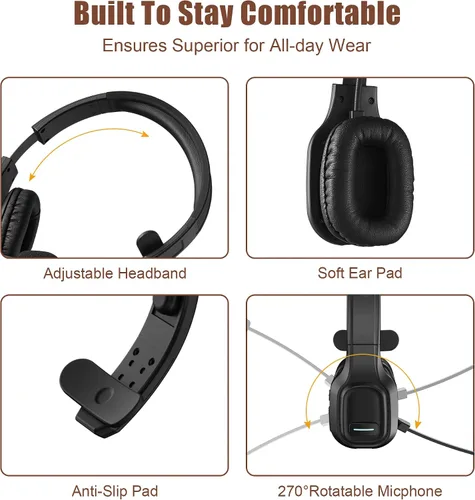 Vista 3 de Trucker Auriculares Bluetooth V5.0, Auriculares Inalámbricos con Cancelación de Ruido y Micrófono Silenciador para Teléfonos Celulares, Auriculares