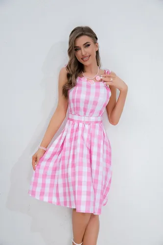 Vista 6 de Vestido a cuadros rosa de los años 50 para mujer, disfraces vintage de los años 50, vestido de fiesta de disfraces de Halloween con accesorios