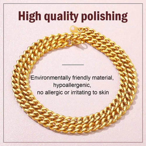 Vista 2 de FindChic - Collar con cadena para hombre chapado en oro de 18 quilates acero inoxidable doble apretado eslabones cubanos para hombres y niños