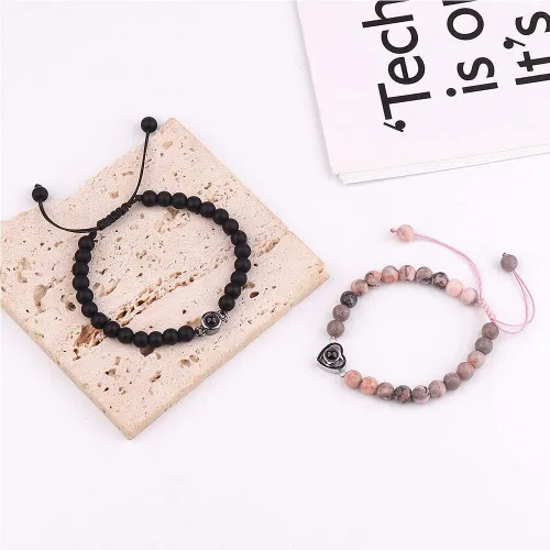 Vista 3 de XAOUS I Love You - Pulseras para parejas con proyección en 100 idiomas, cristal curativo, ágata negra, turquesa blanca, pulseras a juego para novio