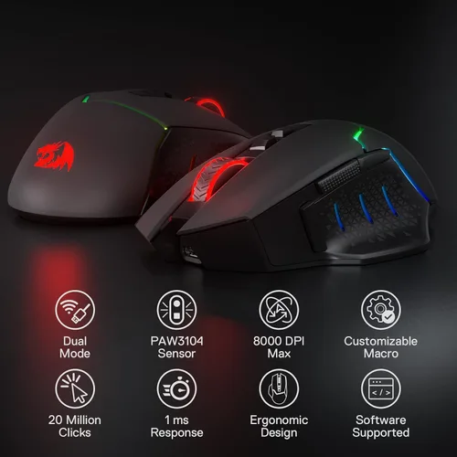 Vista 3 de Redragon M690 PRO - Mouse inalámbrico para juegos 8000 DPI con cable y llave de disparo rápido 8 botones macro diseño ergonómico para PC Maclaptop
