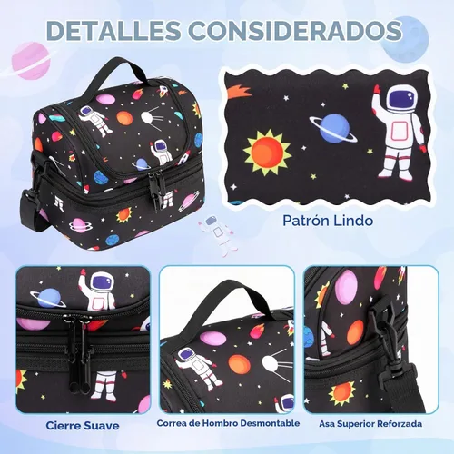 Vista 3 de Chase Chic Bolsa de almuerzo para niños, astronauta negro, poliéster, ligera, bien organizada, a prueba de fugas, 9.4x6.3x6.7 in