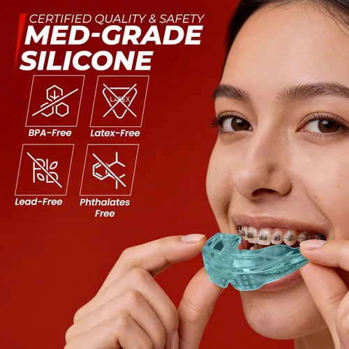 Vista 6 de SafeGrin Protector Bucal Azul para Brackets para Deportes - Silicona Premium para Adolescentes y Jóvenes, Protección de Dientes Superiores e