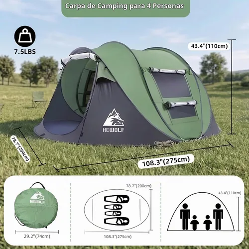 Vista 5 de Hewolf Tienda de campaña desplegable para 2/4 personas, fácil instalación instantánea, impermeable, tienda familiar automática para camping
