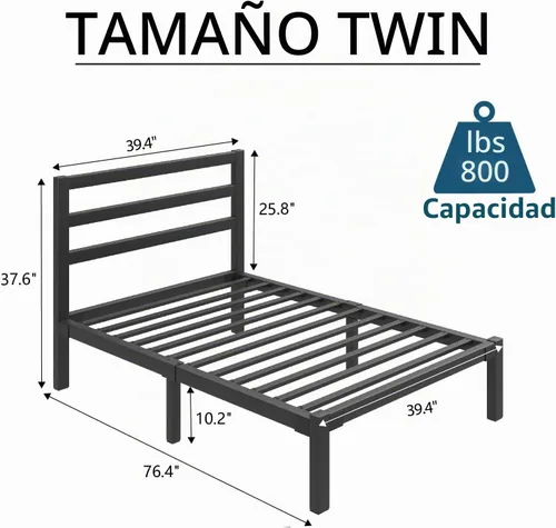 Vista 2 de LoVinson Marco de cama de metal tamaño individual con cabecero, listones de metal, color negro Sturdy Platform Bed Frame for Kids, Easy Assembly