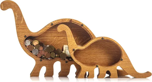 Vista 5 de Alcancía de dinosaurio para niños y niñas, caja de ahorro de dinero duradera y práctica, madera de roble natural con idea de plexiglás transparente