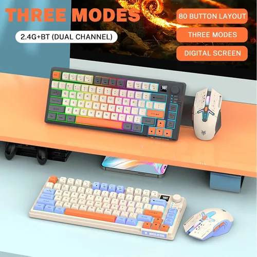 Vista 2 de 75 % Combo de Teclado y Mouse para Juegos Inalámbrico, Modo Tri BT5.0/2.4GHz/USB-C, Teclado Retroiluminado RGB + Ratón 3D 1600DPI, Batería 2000mAh