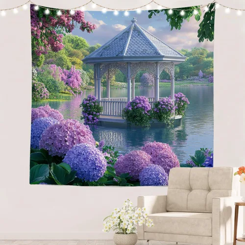 Vista 36 de Batmerry Peaceful Retreat Beautiful Landscape Polyester Tapestry, Blooming Garden Setting Lightweight Wall Hanging High-Definition Print Backdrop