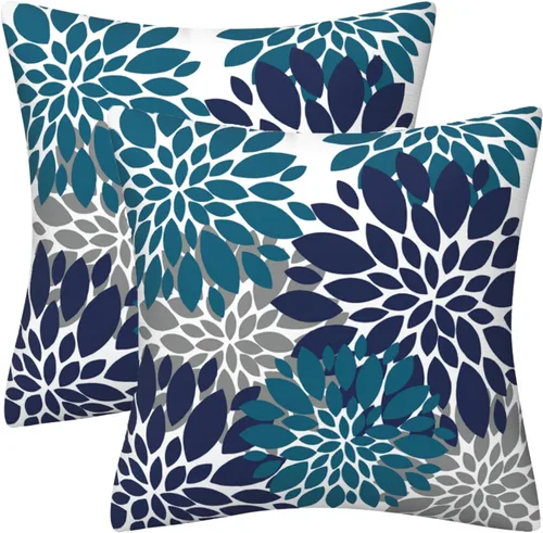 Vista 6 de Juego de 2 fundas de almohada decorativas de dalia azul marino, rojo, gris, dalia floral, para interiores y exteriores, funda de almohada de Floral 1