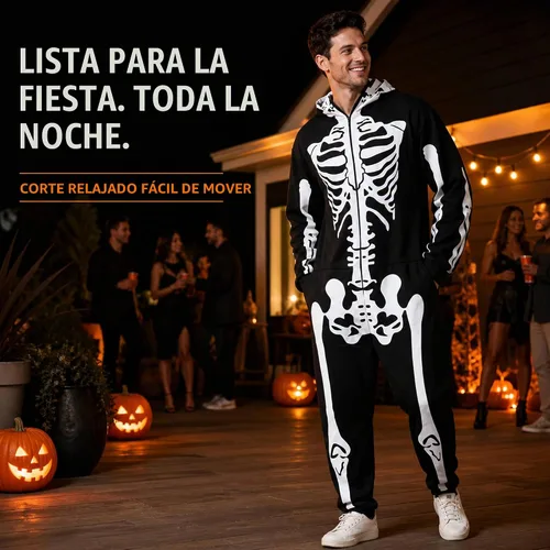 Vista 6 de Disfraz de esqueleto de Halloween para hombres y mujeres, overol