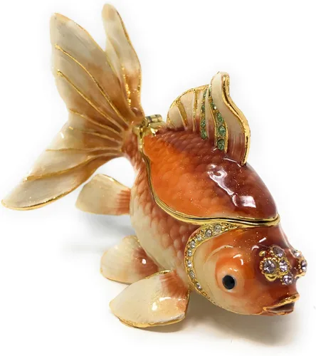 Vista 2 de Caja de baratijas esmaltada Fantail Koi Goldfish acentuada con cristales austriacos, 3.5 pulgadas de largo