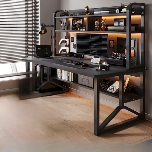 Vista 7 de LITFAD Escritorio rectangular de madera para oficina, moderno escritorio para computadora con marco de metal y estantería para oficina en casa, 1