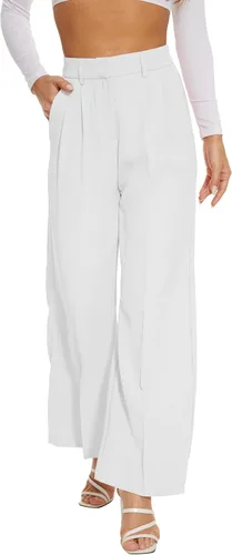 Vista 5 de KICZOY Pantalones de pierna ancha para mujer, cintura alta, pierna ancha, ajuste holgado, cintura elástica, plisados, para trabajo, casual