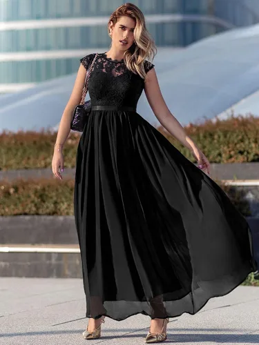 Vista 3 de Miusol Vestido de encaje floral formal para mujer, de manga corta, para fiesta de noche, largo