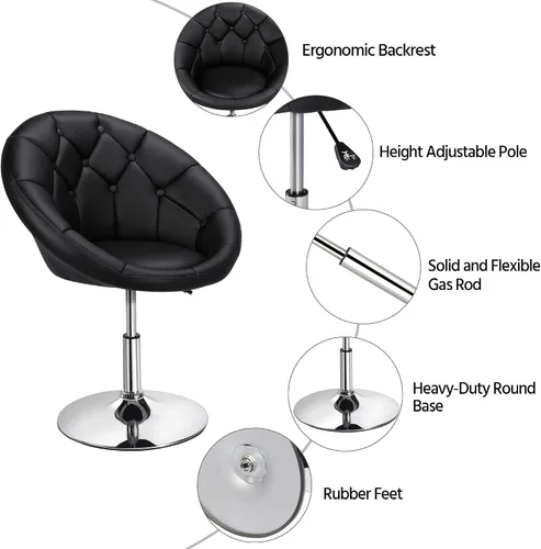 Vista 5 de Yaheetech Silla contemporánea con respaldo tapizado redondo, altura ajustable, giratoria, moderna, para tocador, negra