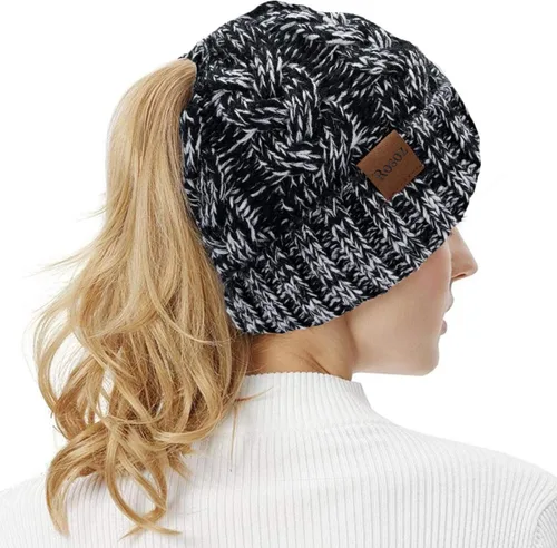 Vista 6 de Rosoz Gorro de cola de caballo para mujer, gorro cálido de invierno, suave, elástico, de punto trenzado, para moño alto