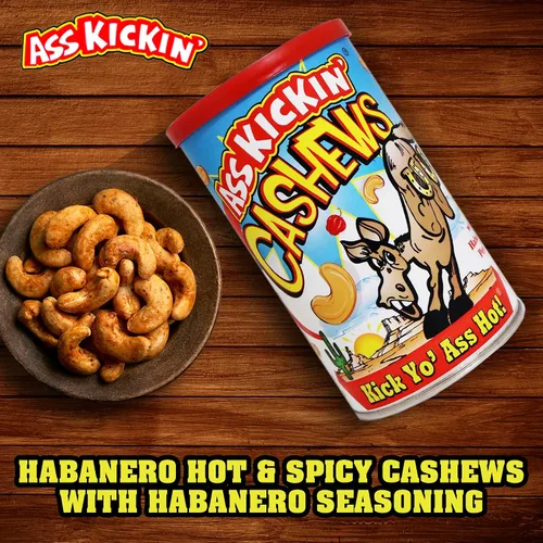 Vista 2 de ASSKICKIN' Anacardos picantes y picantes tostados, nueces picantes con sabor a habanero, lata resellable de 6 onzas, aperitivos picantes perfectos
