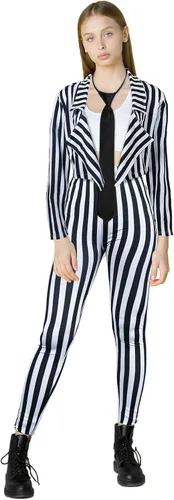 Vista 6 de El kit de rayas verticales blancas y negras para mujer incluye un pantalón largo tipo blazer con lazo, Blanco y Negro
