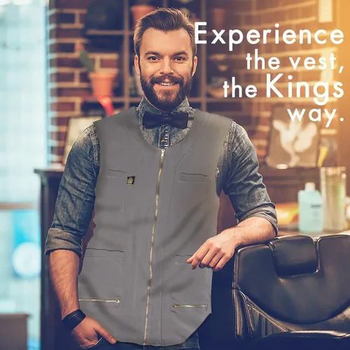 Vista 9 de King Midas - Chaleco de peluquero profesional para el cabello, ligero para hombre, chaleco con cremallera unidireccional