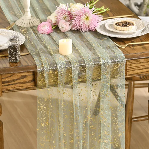 Vista 16 de Artoid Mode Camino de mesa de gasa color beige dorado de 120 pulgadas, 10 pies, lámina metálica con purpurina transparente para comedor, boda