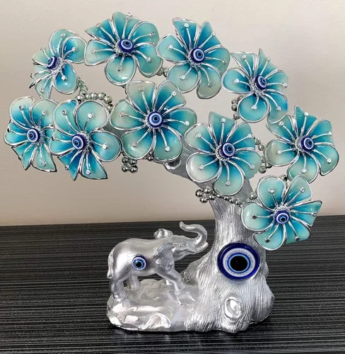 Vista 3 de Betterdecor - Adorno azul de ojo turco turco Nazar Lucky Forutne árbol bonsái con elefante, decoración para el hogar y la oficina (plateado-azul)