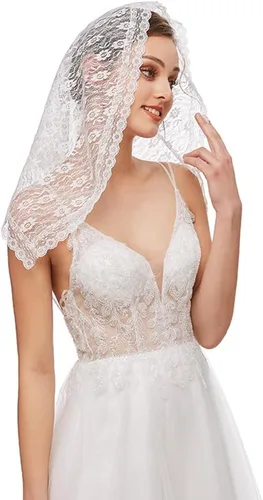 Vista 3 de Velo de mantilla de encaje, bufanda de encaje floral vintage, triángulo blanco, velo de boda, velos largos de capilla, iglesia católica de misa