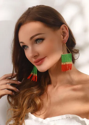 Vista 5 de Aretes de borla hechos a mano, aretes de cuentas de semillas, aretes bohemios con flecos para mujer