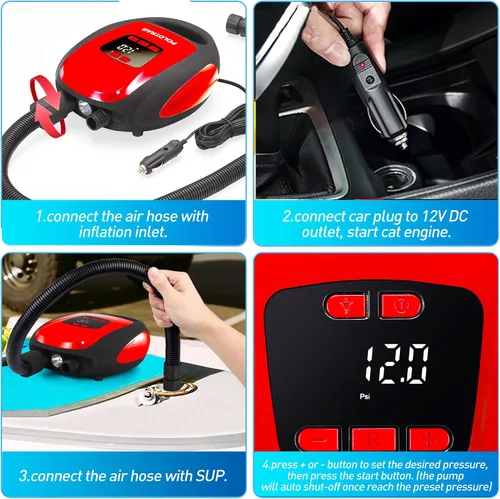 Vista 6 de Polotrag Bomba de tabla de remo, bomba eléctrica SUP, compresor de aire portátil profesional de 20 PSI con apagado automático, función