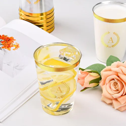 Vista 5 de 100 vasos de plástico con monograma de lámina dorada con letra A, vasos desechables de 12 onzas con inicial transparente para fiestas, bodas