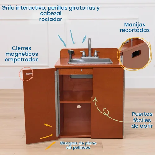 Vista 4 de ECR4Kids Fregadero de cocina para niños, de madera, nogal oscuro