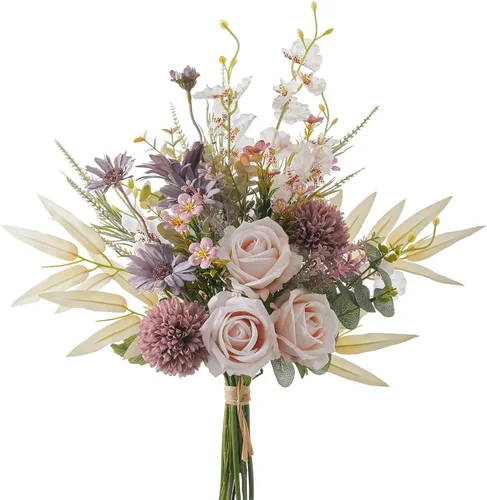 Vista 18 de Arreglos florales artificiales de seda de 17 pulgadas, ramos de flores artificiales que consisten en ranúnculos, crisantemos silvestres, rosas Ámbar