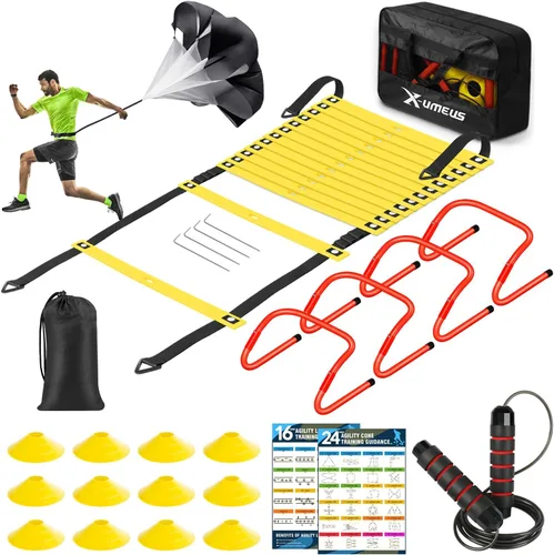 Vista 8 de X-UMEUS Agility Ladder Speed Training Equipment Set-20ft Agility Ladder,12 Soccer Cones,4 Hurdles, Jump Rope, Running Parachute Basketball Football