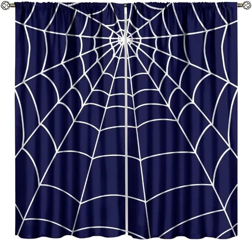 Vista 43 de Cortinas opacas de tela de araña aterradora para niños, tela de araña en blanco y negro, fondo rojo, dormitorio de niños, guardería, decoración