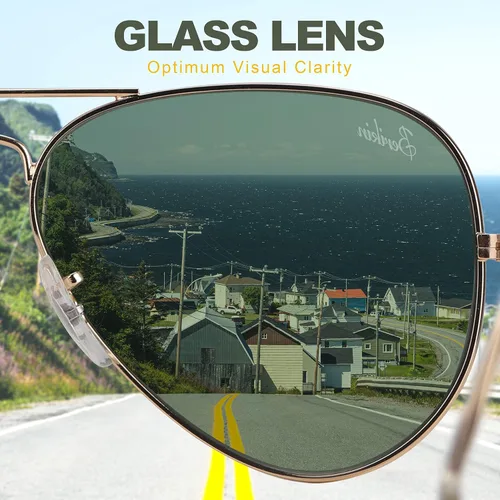 Vista 8 de Berikin Gafas de sol clásicas estilo aviador para hombres y mujeres, 100% protección UV400, 2.441in, lentes de cristal verde, marco de metal dorado