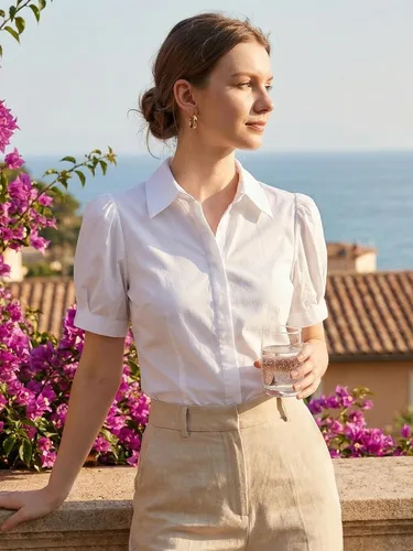 Vista 2 de Allegra K Camisa de manga corta con botones para mujer, con cuello y manga corta