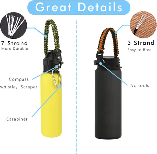Vista 3 de Paracord Handle for Hydro Flask Water Bottles Standard Mouth, Strap Holder with Safety Rubber Ring & Carabiner, Easy to Carry and Durable Reusable