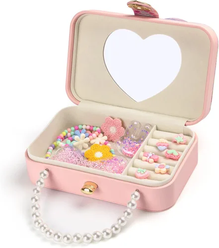 Vista 3 de KAMIER Joyero infantil para niñas, corazón rosa
