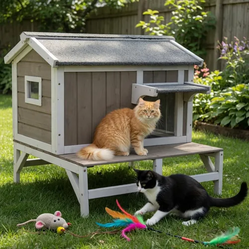 Vista 6 de Casa para gatos al aire libre, refugio de madera resistente a la intemperie para gatos interiores con cortinas de PVC transparentes, techo