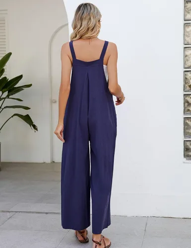 Vista 5 de Kissonic Overol holgado con pechera para mujer, estilo casual, holgado, pierna ancha, con bolsillos Azul marino