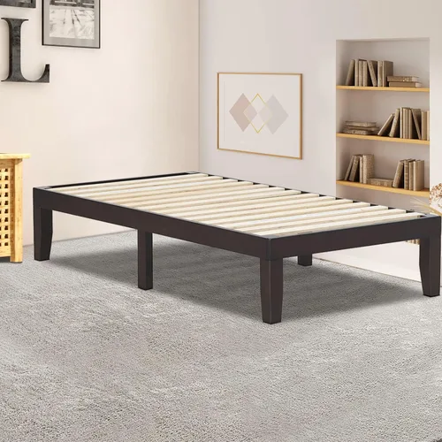 Vista 9 de COSTWAY Base de cama de plataforma de tamaño individual, base de colchón de madera de goma maciza de 14 pulgadas con soporte de listones