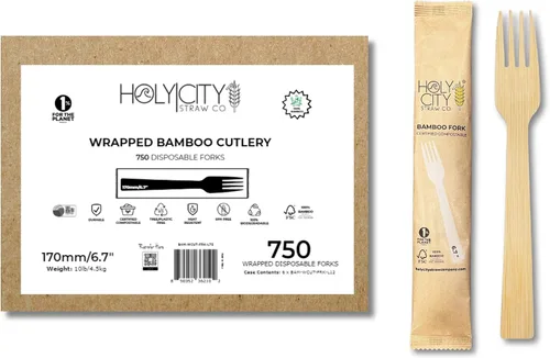 Vista 15 de Juego de cubiertos desechables de bambú envueltos 100 paquetes 1 cuchillo, 1 tenedor, 1 cuchara y 1 servilleta Kraft Utensilios biodegradables