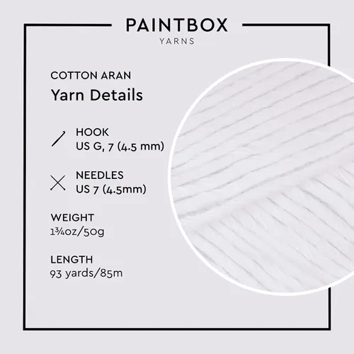 Vista 3 de Paintbox Yarns 100% algodón Aran, 50 g (1.76 oz), 85 m (93 yardas) - Lana blanca en cartón para crochet, tejer - Suave, ligera para suéter, ropa