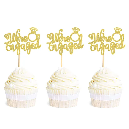 Vista 8 de Ercadio Paquete de 25 adornos para cupcakes con texto en inglés "We are Engaged", anillo con purpurina, para despedida de soltera, para boda Oro