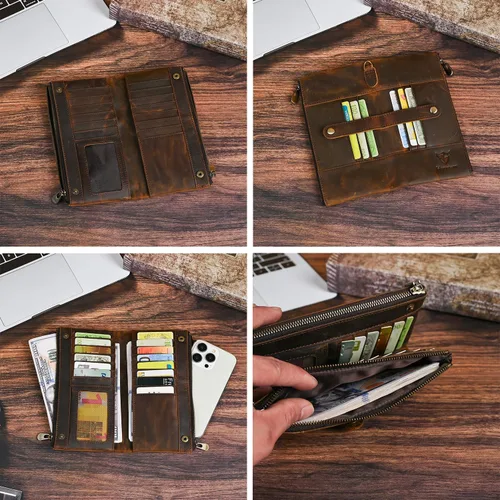 Vista 14 de Genuino Caballo Loco Cuero Regalo de Viaje Moneda Bolsillo Tarjetero Organizador Largo Cadena Rfid Cartera Monedero Con Broche Para Hombres Hombres