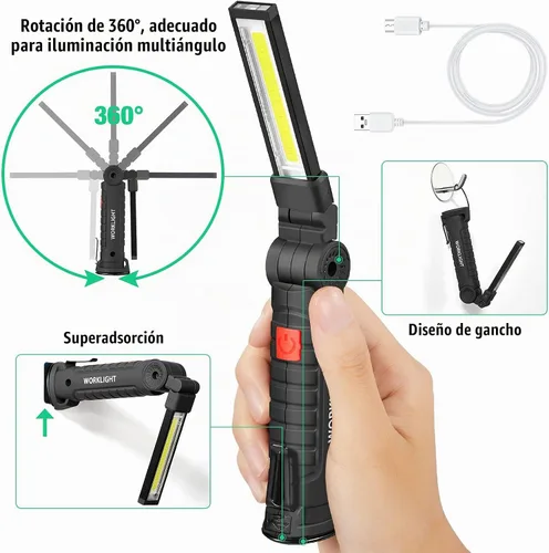 Vista 3 de Honoson - Juego de 4 luces de trabajo LED Honoson recargables con base magnética, gancho para colgar y rotación de 360°, 5 modos de linterna LED