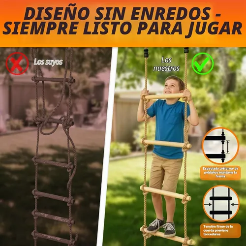 Vista 4 de Escalera de cuerda de madera para niños, escalera de escalada de árbol de 6
