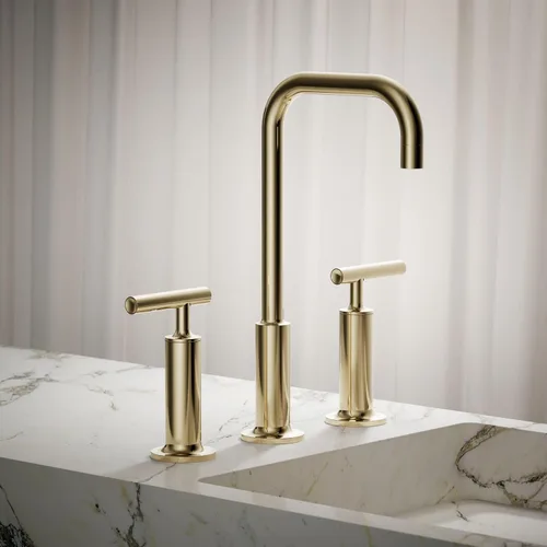 Vista 2 de KOHLER K-14408-4-AF Purist - Grifo para lavabo de baño, 3 agujeros, manijas de palanca alta generalizadas y boquilla de cuello de cisne alto, 1.2