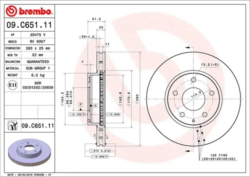 Vista 2 de Brembo 09.C651.11 Rotor de freno delantero ventilado recubierto UV MAZDA OE# B45A33251A